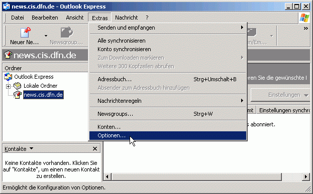 Men&uuml;: Extras / Optionen