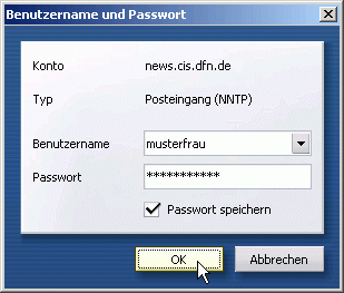 Eingabe von Benutzername und Passwort