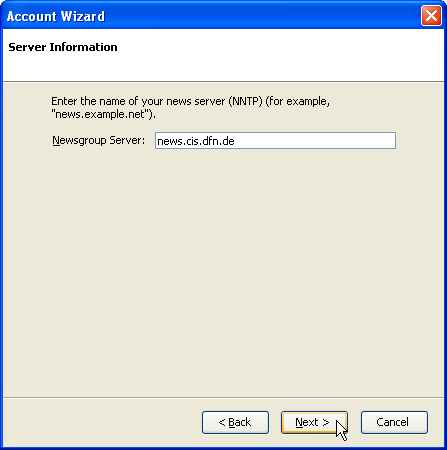 Account wizard: Server Information